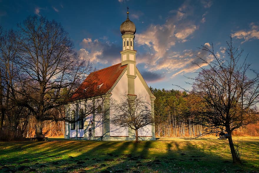 Church, Chapel, Architecture, Dusk, Evening Light, Forest, Meadow, Church Tower, Buying Ring, Bavaria, Landscape