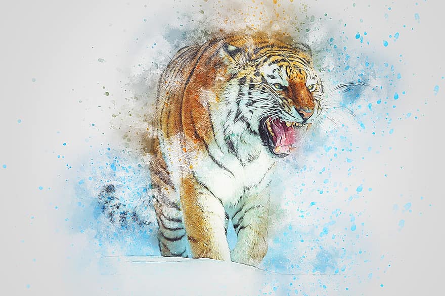 tigras, riaumoti, gyvūnas, menas, santrauka, akvarelė, derliaus, katė, pobūdį, spalvinga, meninis