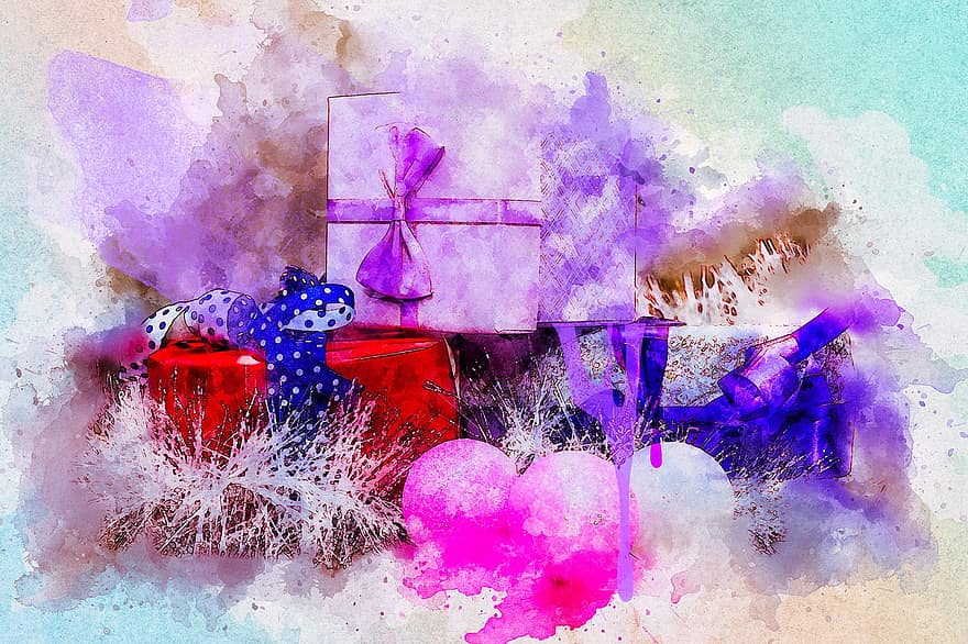 Christmas, Gift, Ribbon, Art, Watercolor, Vintage, T-shirt, Decoration, Artistic, Abstract, Design