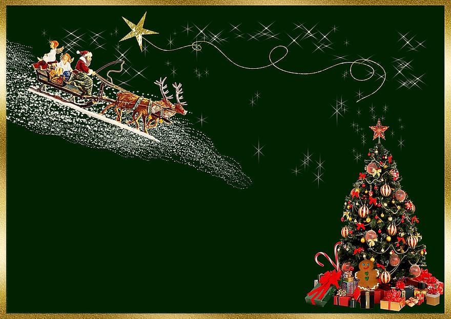 크리스마스 카드, 배경 이미지, 크리스마스 인사말, 녹색, 금, 전나무, 슬라이드, 별, 축제, 훌륭하게 꾸민, 선물