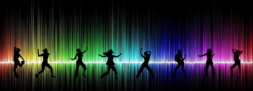 šokis, muzika, diskoteka, ekvalaizeris, garsas, garso takelis, neonas, vaivorykštė, siluetas, žmonės šoka, judėjimas