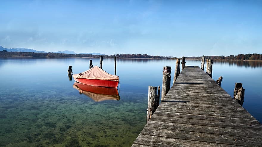 Lac, Dock, bateau, amarré, jetée, jetée en bois, eau, réflexion de l'eau, paysage, campagne, la nature