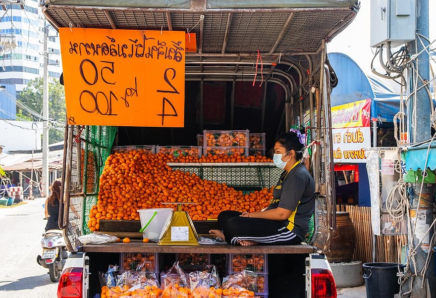 sieviete, mandarīni, tirgū, svaiga, pārdošana, augļi, persona, Taizeme, Āzija, ielās, cilvēks