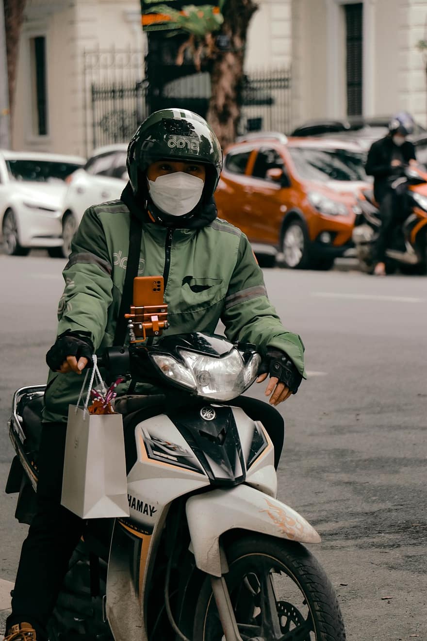 мъж, улица, доставка, мотоциклет, град, Виетнам, азиатски, заграбване, мотор, хора, транспорт