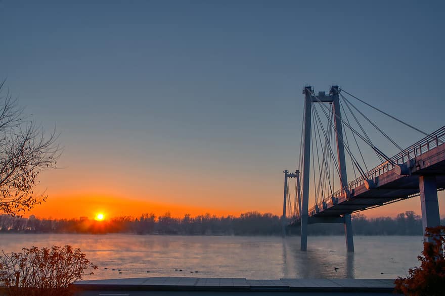 мост, река, мъгла, сутрин, пространство, вода, природа, град, Сибир, Красноярск, Русия