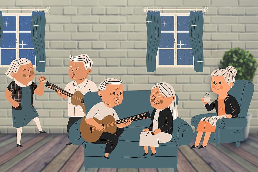 Senioren, Altersheim, Altenheim, Zuhause für die Älteren, Großeltern, Sozialzentrum, Gitarre, Männer, älterer Erwachsener, spielen, Musiker