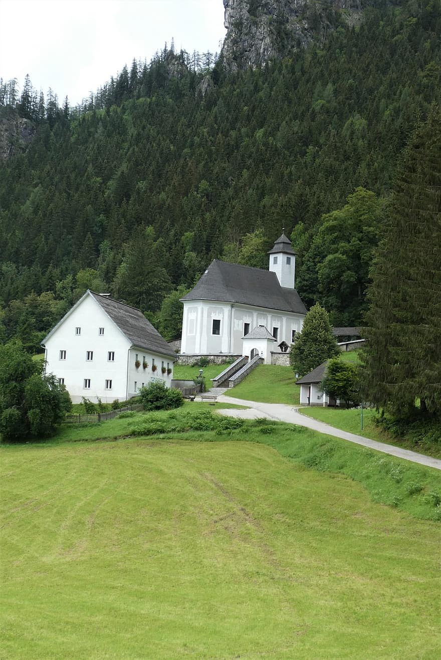 городок, церковь, Johnsbach, поле, часовня, сельская местность, деревья, леса, Bergsteigerdorf, Штирия, трава
