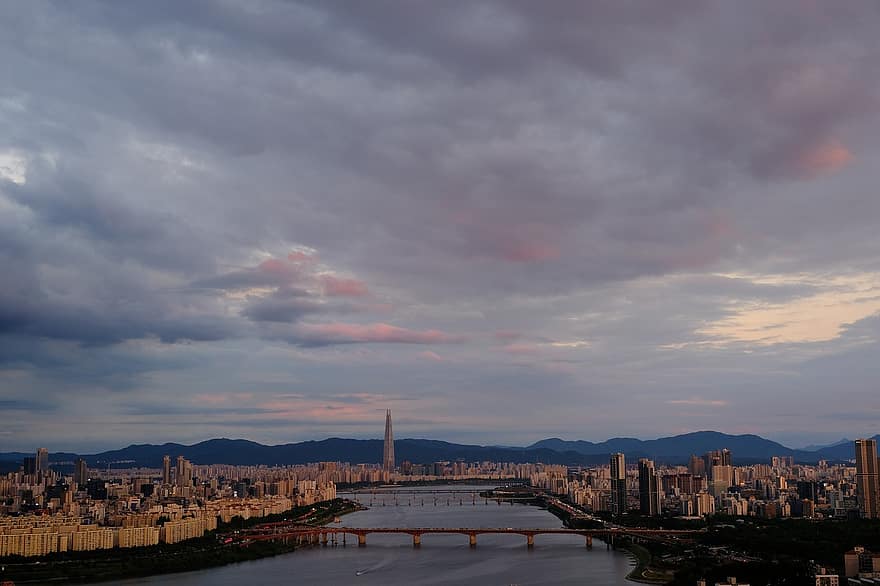 река, залез слънце, град, градски, мост, сгради, архитектура, Сеул, Южна Кореа, залез, градски пейзаж