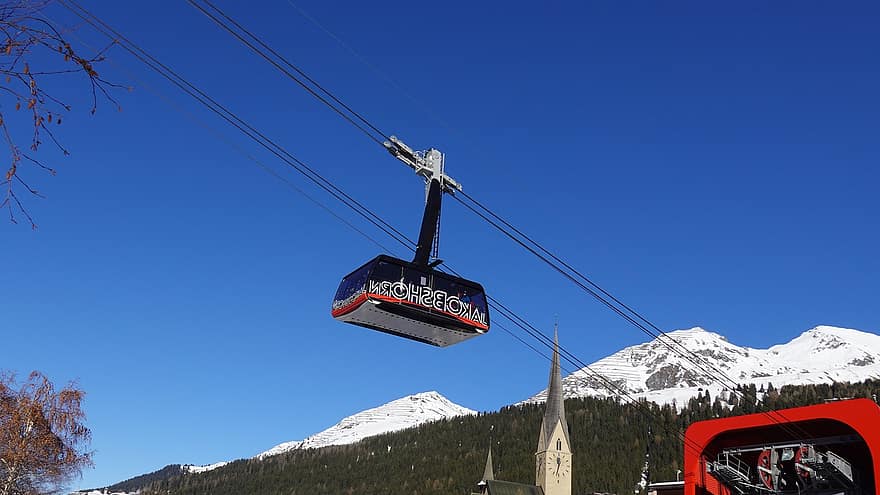 kabelbaan, winter, davos, sneeuw, berg-, skilift, blauw, skiën, bovengrondse kabelbaan, vervoer, piste