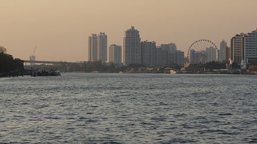Bangkok, rivier-, stad, gebouwen, wolkenkrabbers, horizon, water, downtown, stedelijk, hoofdstad, Thailand