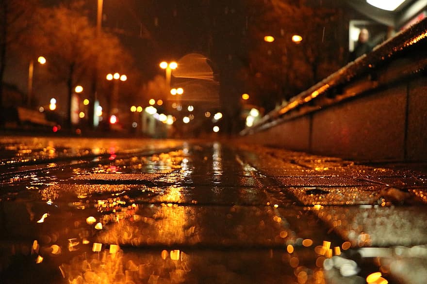 calcestruzzo, urbano, pioggia, luci, strada, notte, bagnato, vita di città, far cadere, buio, lampione