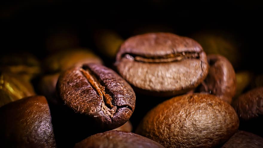 kaffe, kaffebönor, mat, rostad, brun, koffein, makro, närbild, böna, dryck, bakgrunder
