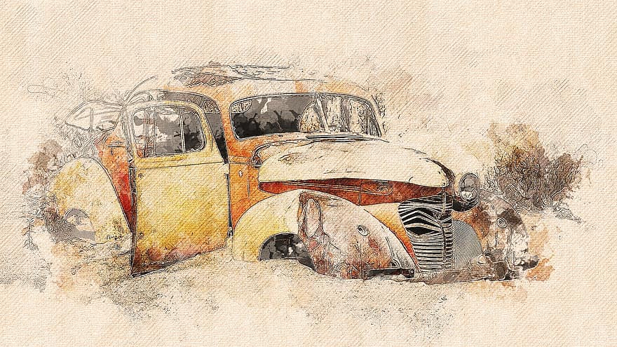 vehículo, auto, oxidado, abandonado, solitario, viejo contador de tiempo, mamparo, antiguo, arena, amplio, montañas