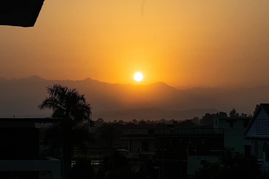 zonsopkomst, ochtend-, zon, landschap, hemel, dageraad, zomer, kalmte, oranje, Indië, berg-
