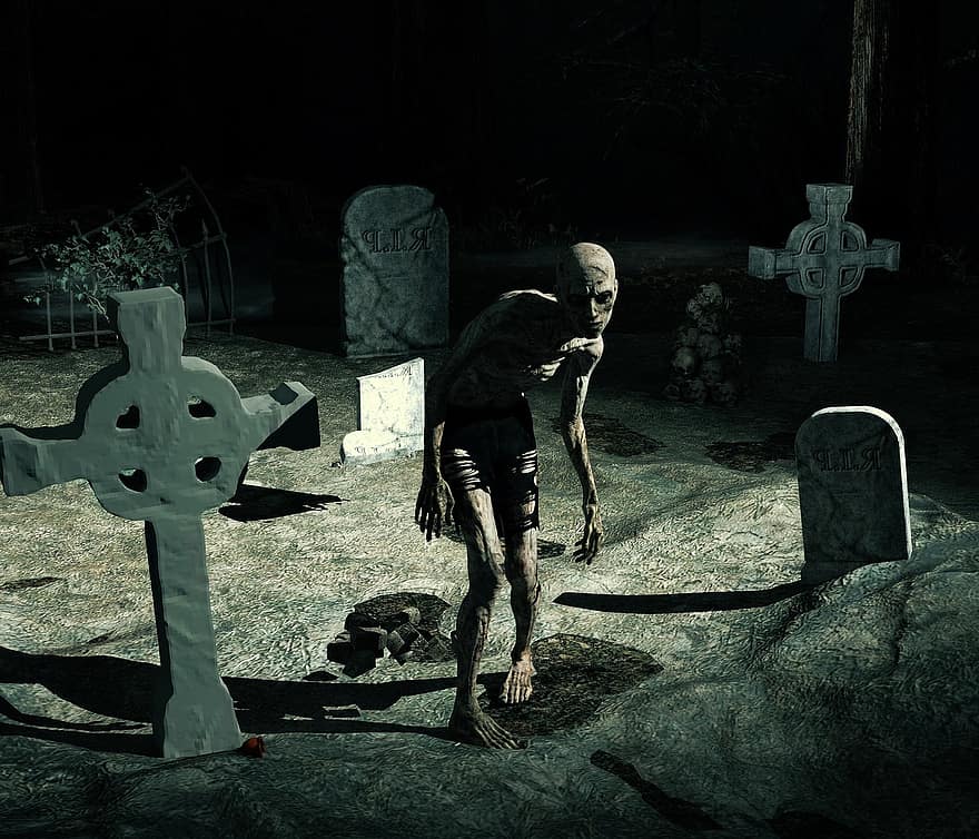 kapsētas, zombiju, šausmas, dīvaini, drūms, Halovīni, garastāvoklis, krustu, Spocīgs, kapi, smagi akmeņi