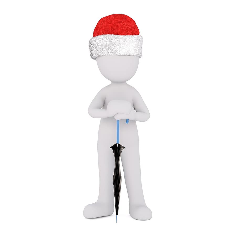 mâle blanc, modèle 3D, tout le corps, 3d, blanc, isolé, Noël, chapeau de père Noël, parapluie, pluie, écran