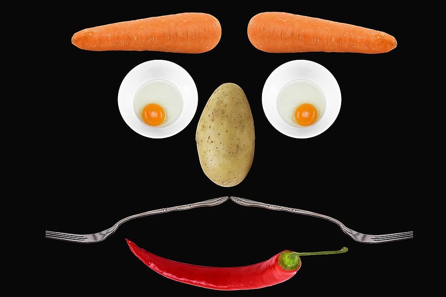 portrait, des légumes, carottes, poivre, fourchette, des œufs, patates, assiette, aliments, amusement