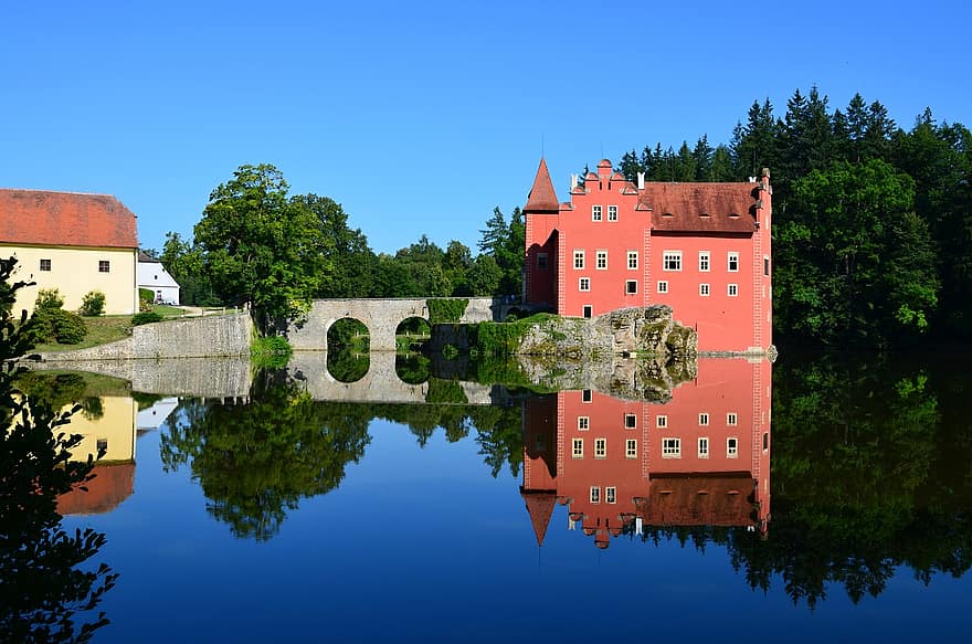 castillo, edificio, arboles, lago, reflexión, červená lhota