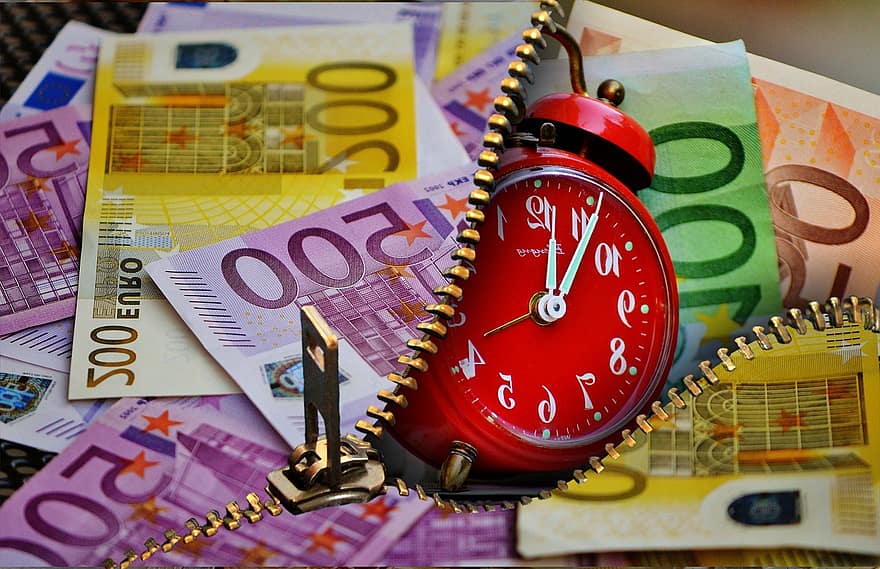 времето е пари, валута, евро, часовник, будилник, пари, печалба, кариера, професия, парични средства и парични еквиваленти, банкнота
