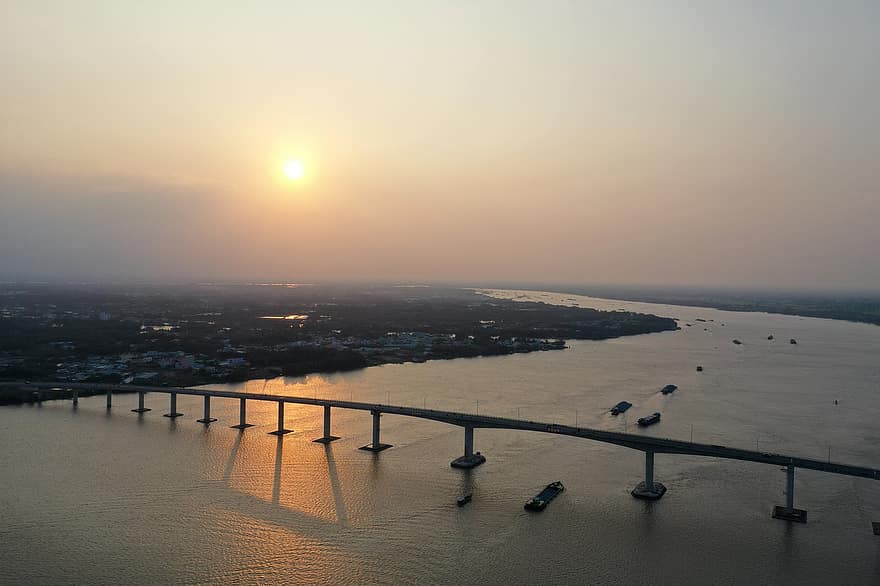 bro, elv, skip, Min Loi Bridge, båter, solnedgang, sol, ettermiddag, skumring, vann, natt