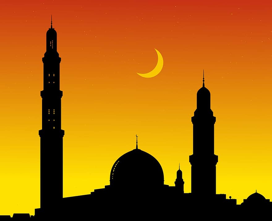moské, islamsk, solnedgang, måne, himmel, silhouette, struktur