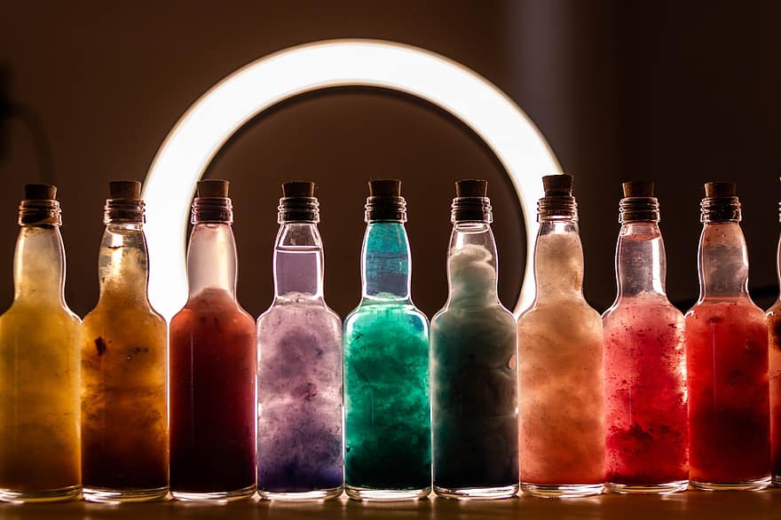 Bottiglie di nebulose, Bottiglie Galaxy, bottiglie colorate, bottiglie, luccichio
