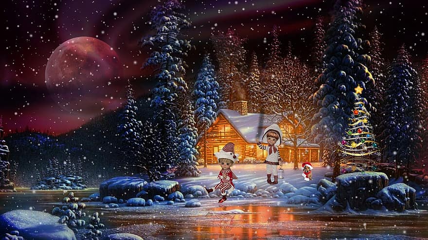 tło, zimowy, dom, Boże Narodzenie, Elfa, pies, Fantazja, Sztuka cyfrowa