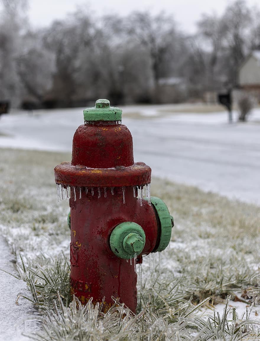 Brann, hydrant, storm, vinter, gress, brannhydrant, snø, vann, is, nærbilde, grønn farge