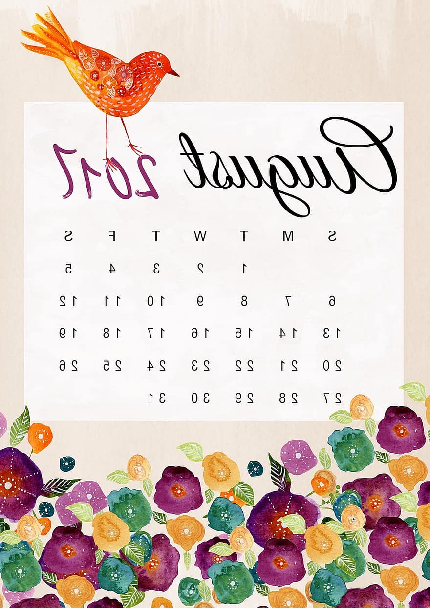 Agustus, kalender, 2017, bunga, burung, romantis, Desain, dekorasi, tahun