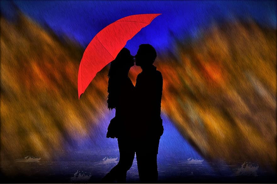 pluie, les amoureux, homme, femme, paire, amour, pour deux, unité, couple, heureux, silhouette