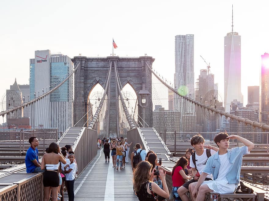 جسر بروكلين ، مانهاتن ، نيويورك ، مدينة نيويورك ، مدينة ، الولايات المتحدة الأمريكية ، سيتي سكيب ، خط السماء ، هندسة معمارية ، مكان مشهور ، السفر