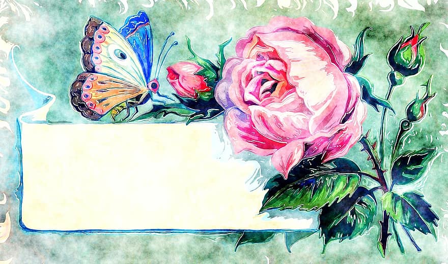 Aquarell, Malerei, Mischung, Farben, texturiert, Tinte, Stil, Jahrgang, Blume, Blumen-, Rose
