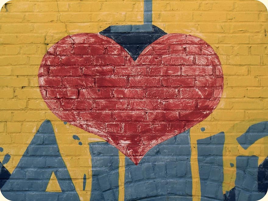 hjerte, mursten, gul, væg, PAIT