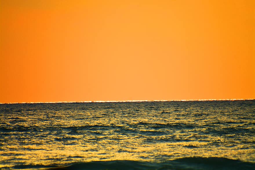zonsondergang, oceaan, horizon, zee, water, golven, zeegezicht, natuur, hemel, Oranje lucht, schemer