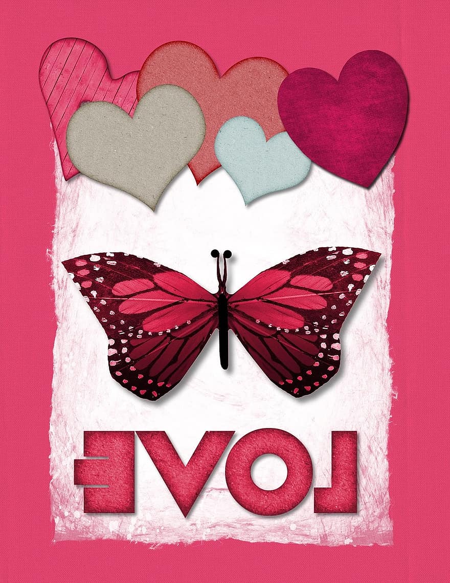 Valentino, drugelis, meilė, širdis, santrauka, rožinis, laimingos Valentino dienos, Valentino diena, dovanos, dekupažas, koliažas