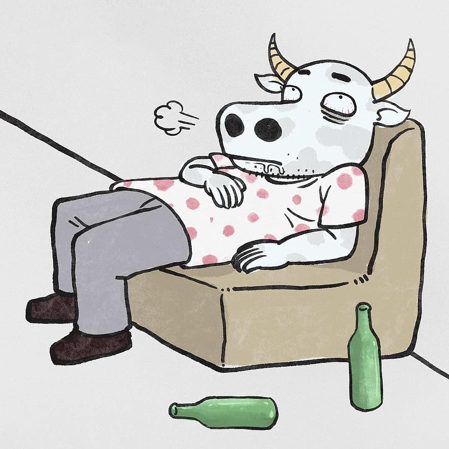 Man, Bull, Horns, Beer, Cow, Sad, Surreal, Cartoon, Painting, Imagination, Fantasy