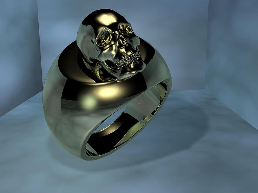 anell, or, crani i ossos creuats, crani, metall, anell d'or, anell de dits, brillant, metàl·lic