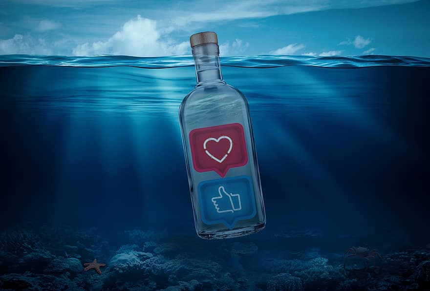 mensaje en una botella, mar, emojis, me gusta, corazón, Oceano