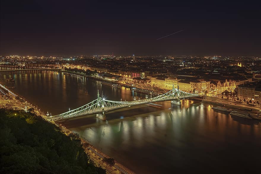 puente, ciudad, arquitectura, Danubio, budapest, Hungría, río, turismo, viaje, noche, paisaje urbano