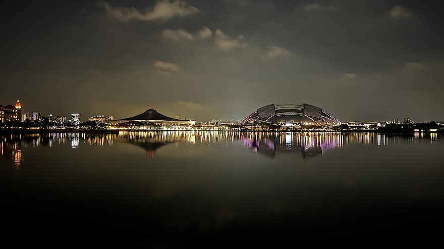 стадион, озеро, Сингапур, архитектура, ночь, отражение, воды, смеркаться, известное место, городской пейзаж, заход солнца