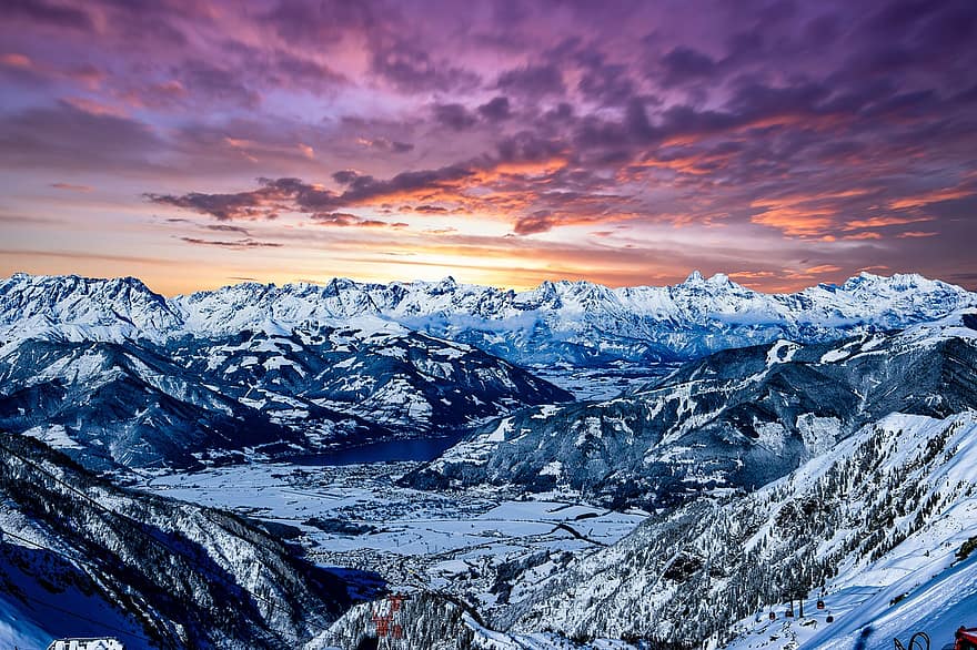 montañas, nieve, picos, Alpes, panorama, montaña, invierno, paisaje, pico de la montaña, azul, puesta de sol