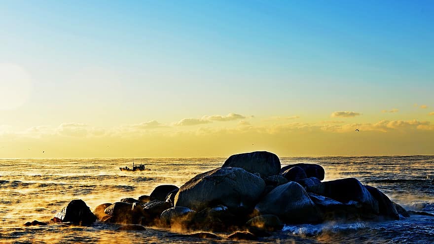 laut, batu, di luar rumah, samudra, pantai, republik korea, gangneung, sichuan, pulau batu, matahari terbenam, senja