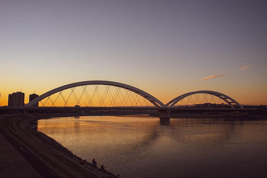ponte, rio, por do sol, tarde, prédios, urbano, crepúsculo, luz solar, cidade, Danúbio, arquitetura