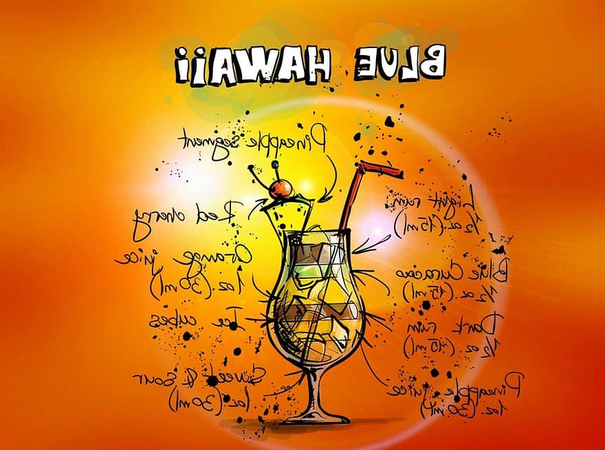 modré hawaii, koktejl, napít se, alkohol, recept, večírek, alkoholik