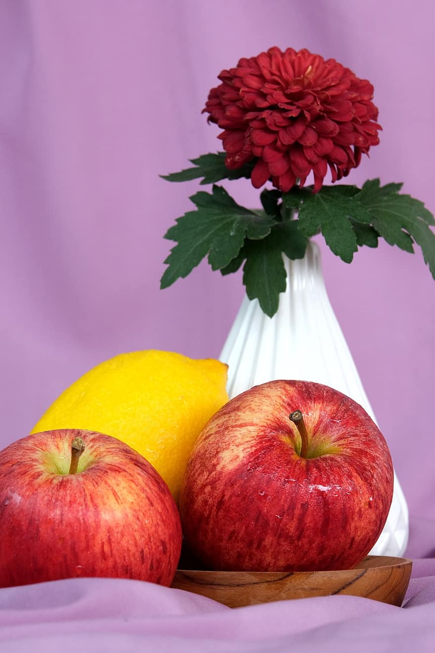 과일, 꽃, 정물, 사과, 레몬, 병 장식, 국화, 식품, 본질적인, 생기게 하다, 건강한