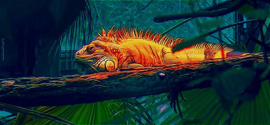 iguana, Pintura d'iguana, jungla, animal, rèptil, color