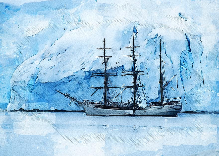 корабель, льодовик, айсберг, антарктичний, лід, пригода, полярний, плавлення, декорації, вітрильний спорт