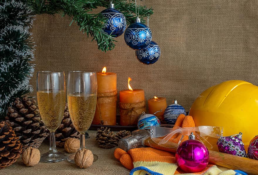 hari Natal, dekorasi, tema, minuman, kacamata, lilin, roti panggang, bola, perayaan, musim dingin, musim