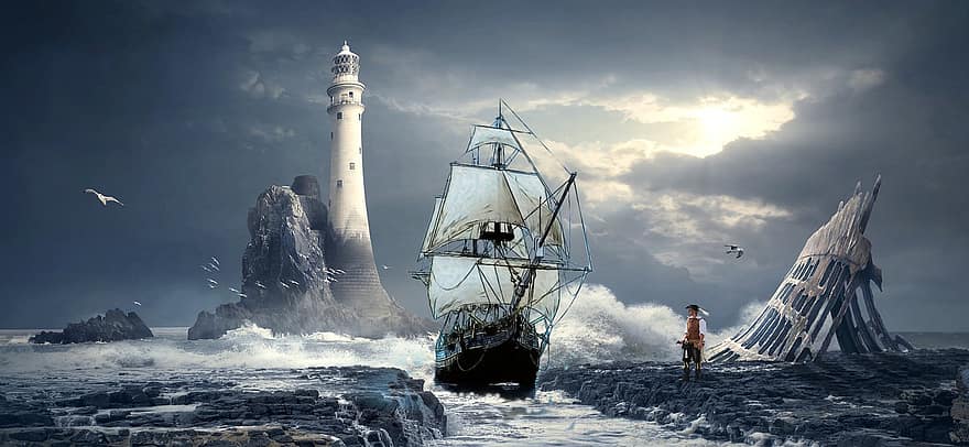 маяк, океану, піратський корабель, фон, пірат, шторм, корабель, морське судно, вітрильний спорт, вітрильний корабель, чоловіки