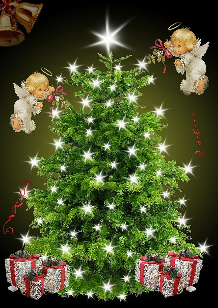 Vánoce, vánoční strom, anděl, zelená, dárkové předměty, zvony, dar, dekorace, oslava, pozadí, ilustrace